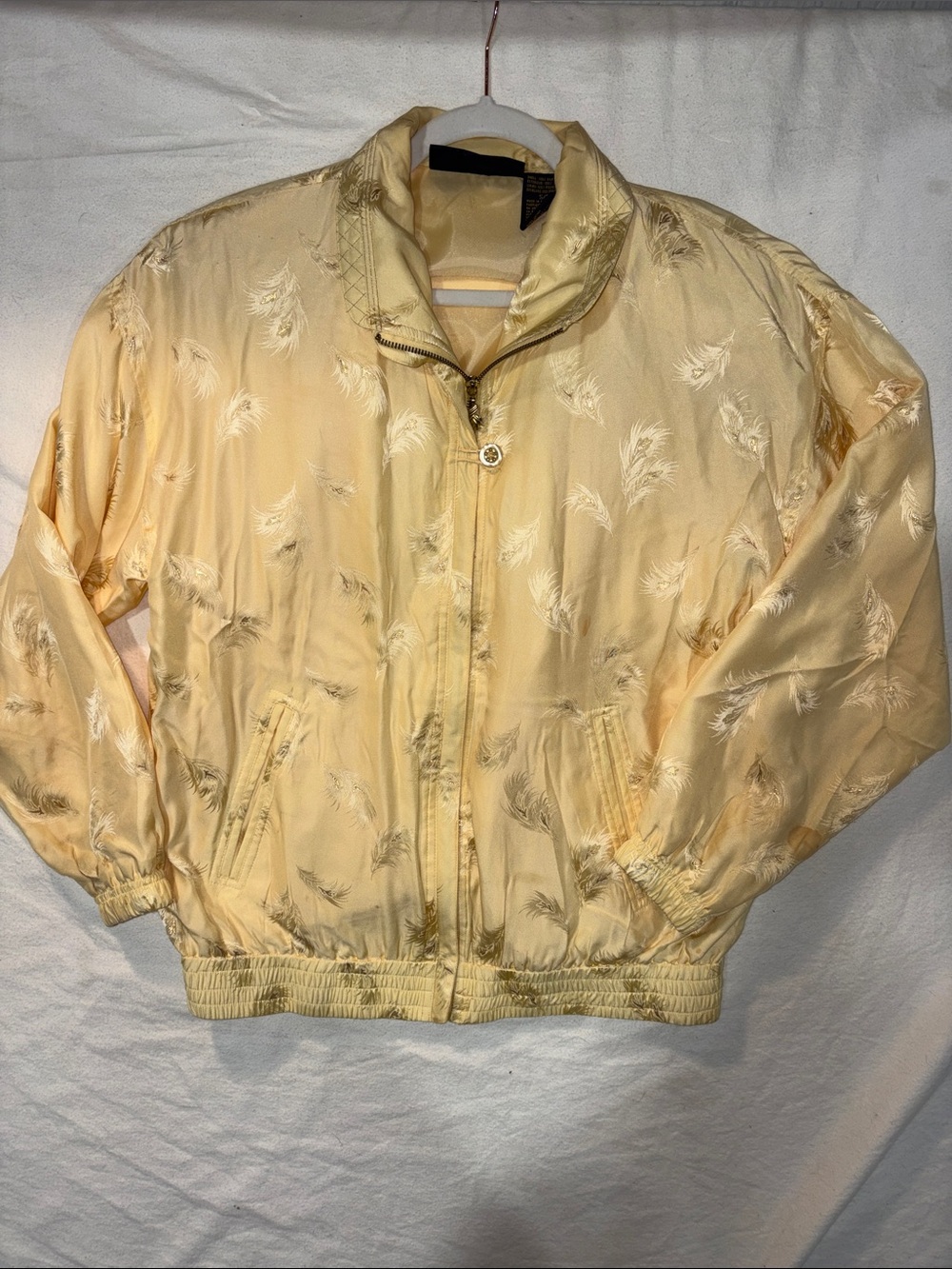 Vintage Mureli Butter Yellow Feather Woven Satin Bomber Jacket Flawed - Size S
